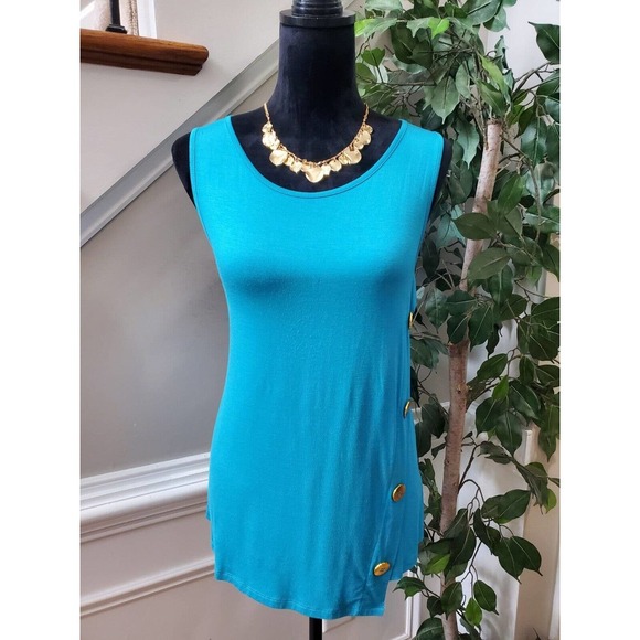 Cable & Gauge Petite Blue Gold Button Side Accent Sleeveless Top Blouse Size PM - Picture 1 of 13